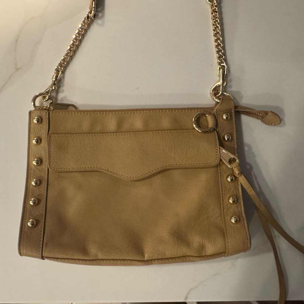 Rebecca Minkoff Nude Beige Tan Leather Gold Stud Chain Crossbody